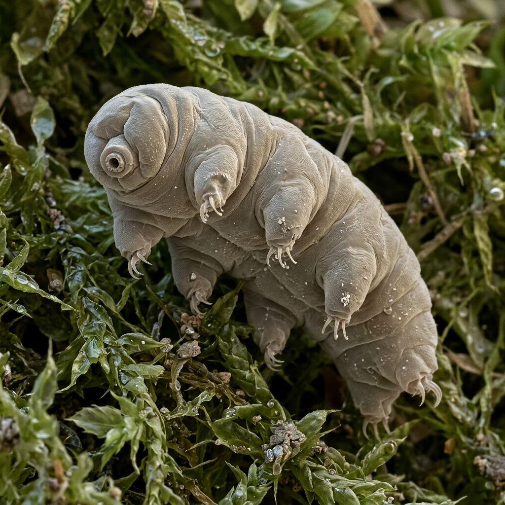 Magnified tardigrade standing on green moss with detailed limbs and body segments